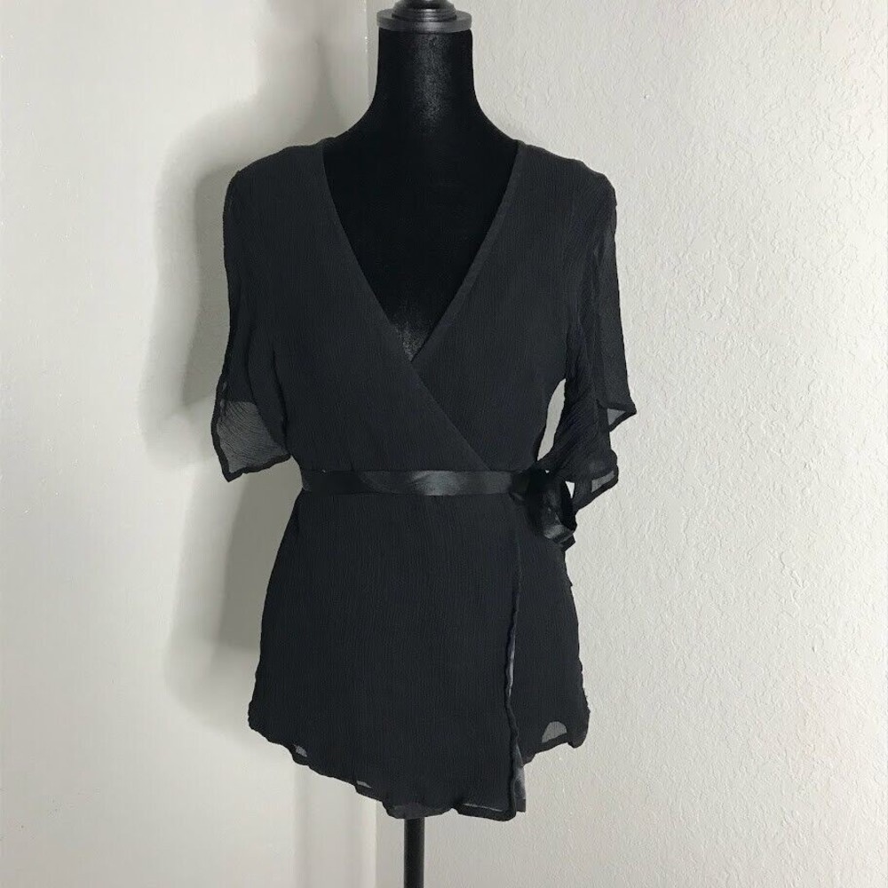Banana Republic Silk Blouse Belted Wrap Black Print Short Sleeves Tie Lining XL